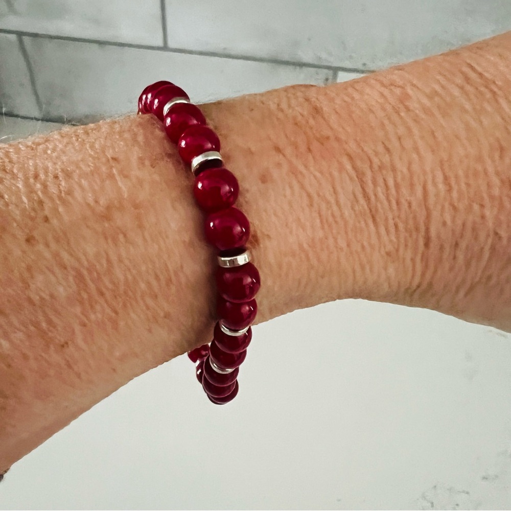 EXPRESS Red and Silver Beaded Stretch Bracelet
